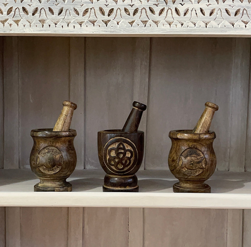 Hand carved Wooden Mortar and Pestle with Crystal gift