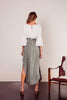 Aire Linen Maxi Skirt in Sage Green with high waist, detachable tie and side pockets