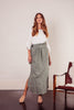Aire Linen Maxi Skirt in Sage Green with high waist, detachable tie and side pockets