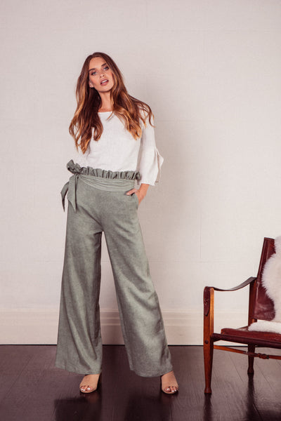 Zola Linen High Waisted Wide Leg Pants in Sage with Paperbag Waist