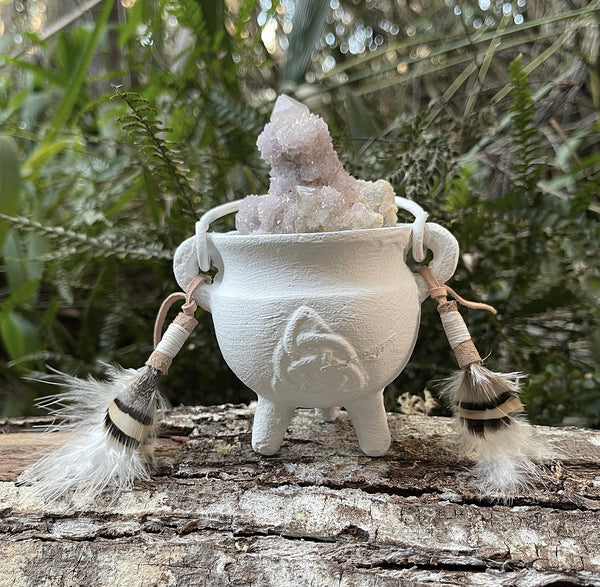Daughter of the Moon Cauldron with Spirit Quartz Crystal & adorned with feathers